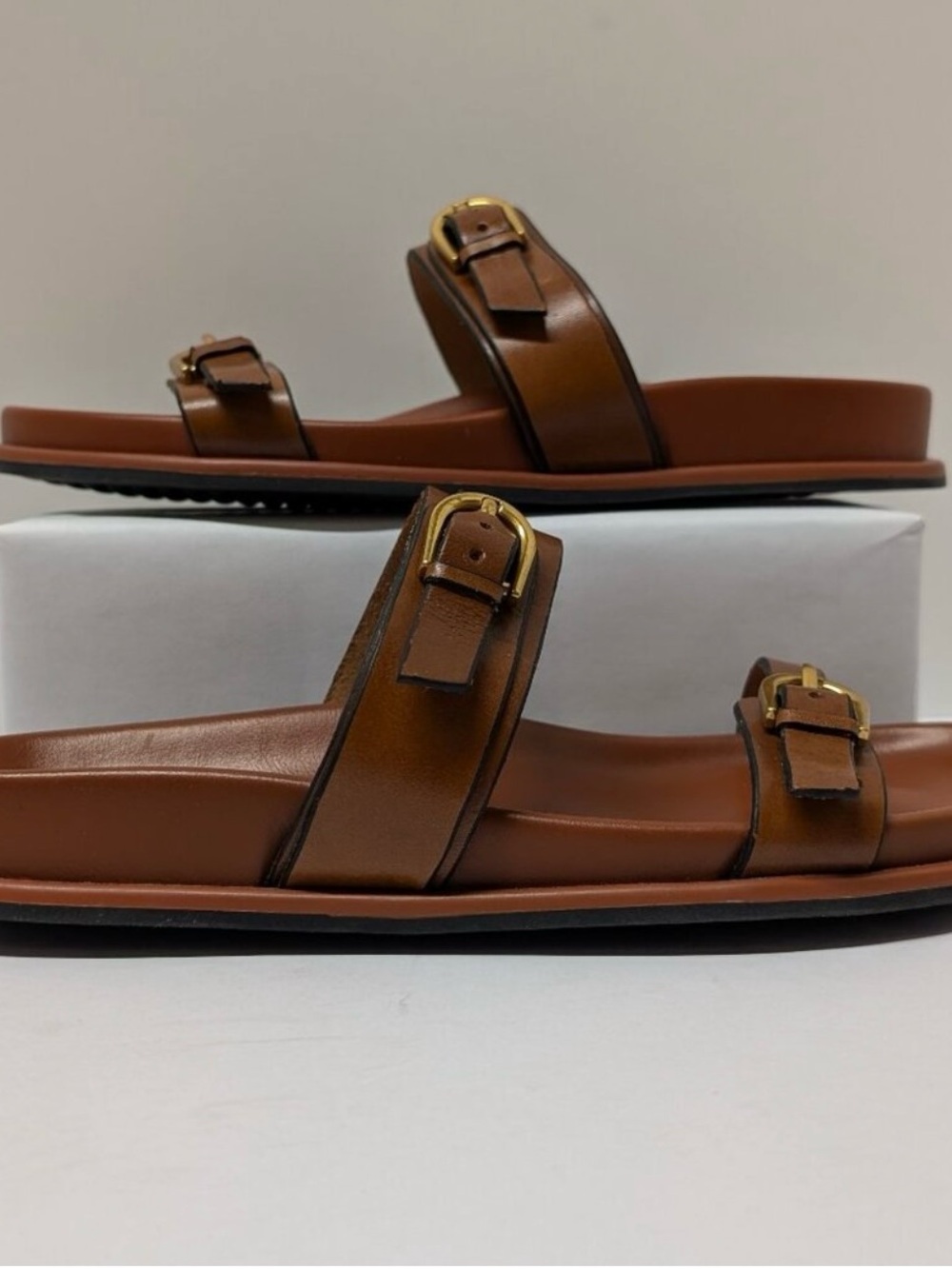 Steve Madden Tan Leather Double-Buckle Slide Sandals with Gold Buckles - Picture 6 of 8